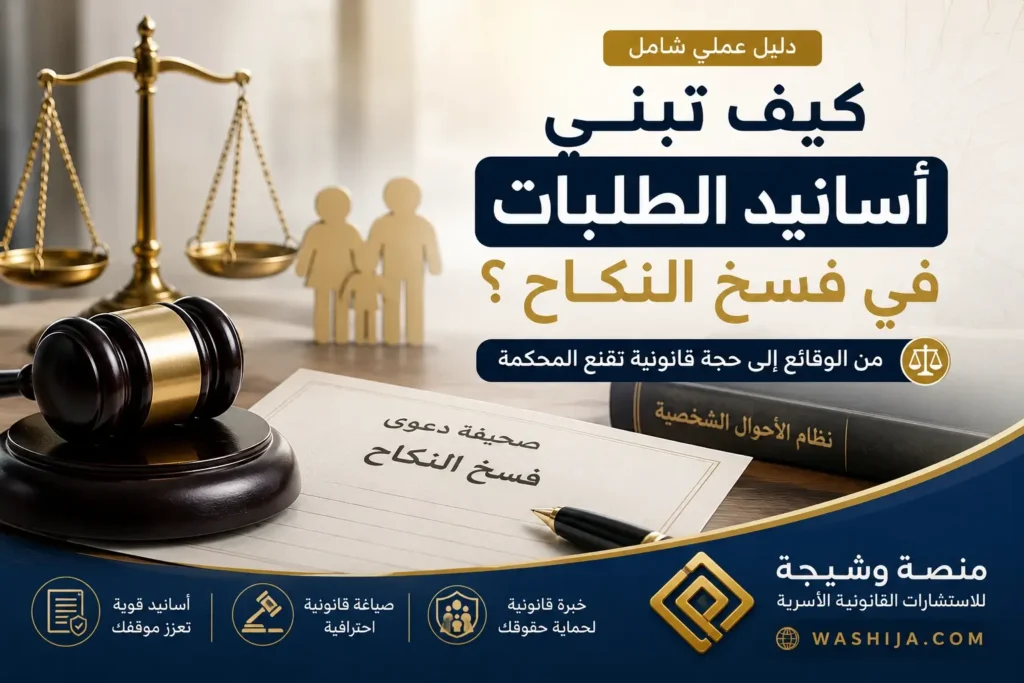 كيف تبني أسانيد الطلبات في فسخ النكاح؟ صورة توضح تحويل الوقائع والأدلة إلى حجة قانونية تقنع المحكمة وفق نظام الأحوال الشخصية