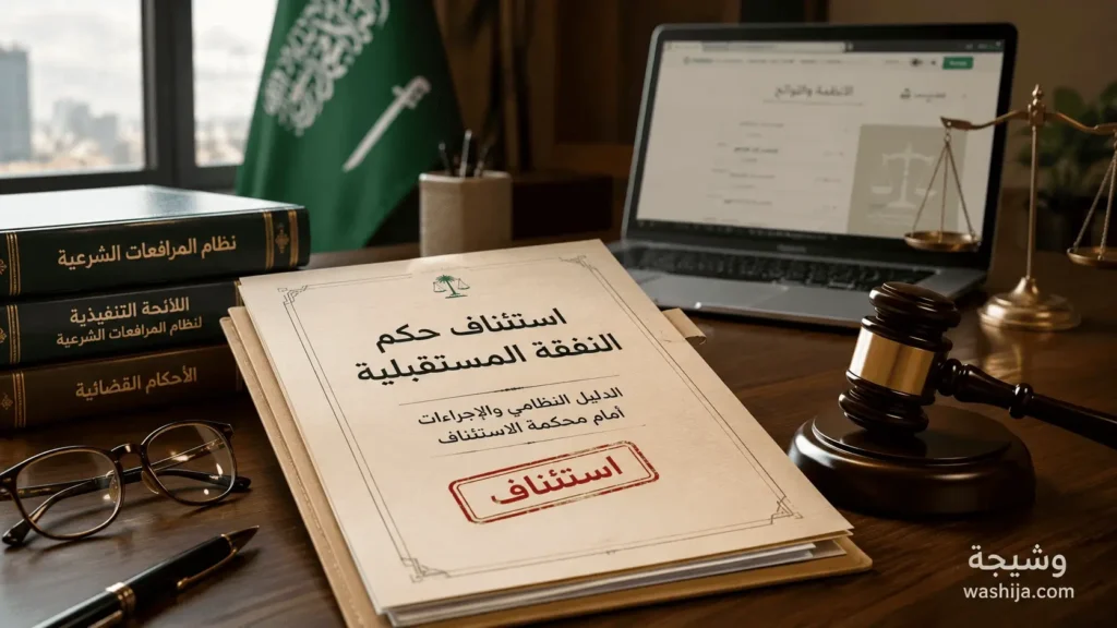 ملف قانوني بعنوان استئناف حكم النفقة المستقبلية في السعودية على مكتب قضائي، بجوار مطرقة القاضي وكتب نظامية وعلم المملكة العربية السعودية.