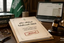 استئناف حكم النفقة المستقبلية في السعودية مع ملف قضية ومطرقة قاضٍ وكتب نظامية توضح إجراءات الاعتراض أمام محكمة الاستئناف.