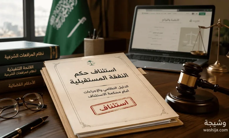استئناف حكم النفقة المستقبلية في السعودية مع ملف قضية ومطرقة قاضٍ وكتب نظامية توضح إجراءات الاعتراض أمام محكمة الاستئناف.