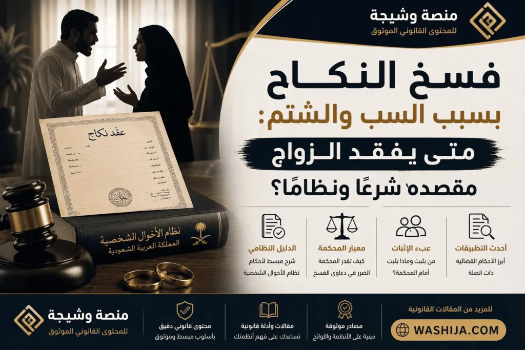 تصميم يوضح فسخ النكاح بسبب السب والشتم في النظام السعودي مع شعار منصة وشيجة ورموز قانونية تشمل عقد الزواج وميزان العدالة.