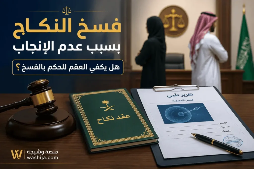 فسخ النكاح بسبب عدم الانجاب في السعودية:  تقرير طبي أمام قاضٍ يوضح الجوانب القانونية لفسخ النكاح بسبب العقم.